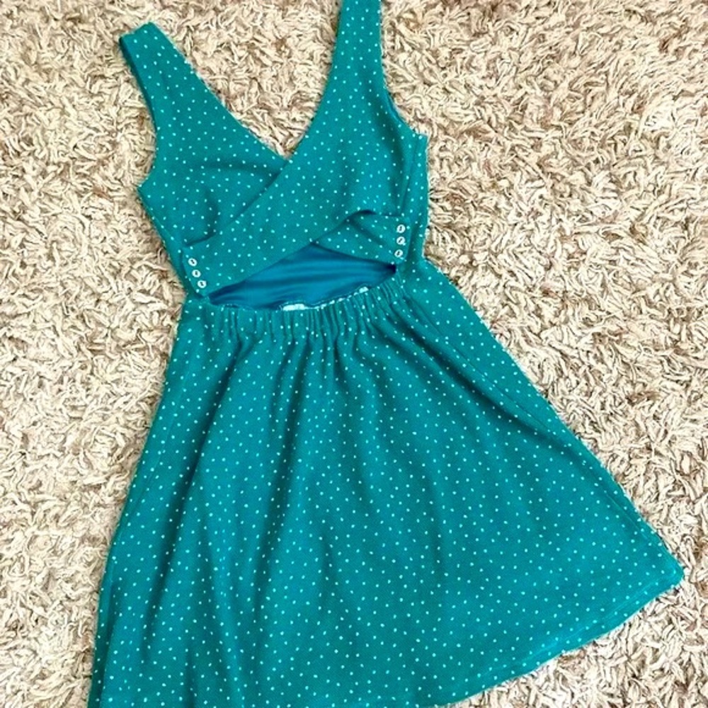 LC by Lauren Conrad Greenish Blue Polka Dot Skater Cross Back Flared Mini Dress - Picture 2 of 4